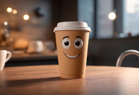 Cartoon coffee cup with a smiling face.の素材