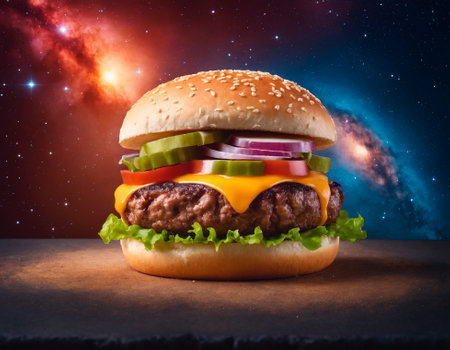 Big tasty hamburger on the background of cosmic space with stars.の素材