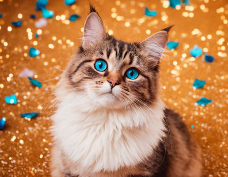 Portrait of a beautiful fluffy cat with colorful confetti. The concept of a holiday.の素材