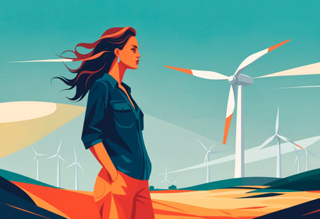 Young woman standing among windmills. Alternative energy sourceの素材