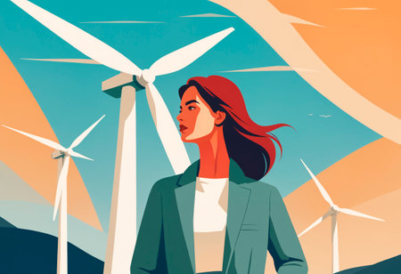 Young woman standing among windmills. Alternative energy sourceの素材