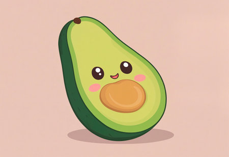 A vibrant cartoon avocado with a happy face smiles brightly as it sits on a kitchen counterの素材