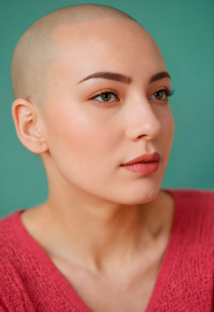 Portrait of a beautiful bald young woman in close-up with clean fresh skinの素材