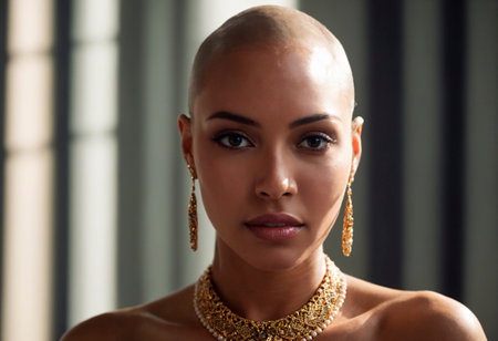 Portrait of a beautiful bald young African American woman in close-up with clean fresh skin.の素材