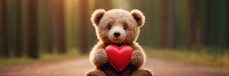 Brown Teddy Bear Holding Red Heart - Gift Of Love for Someone Special. An adorable brown teddy bear grasping a red heart-shaped symbol of love and affectionの素材
