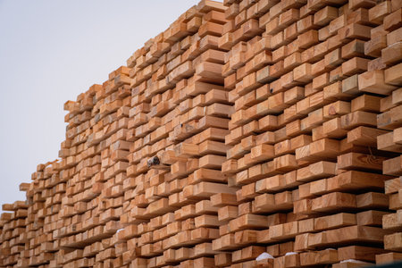 A pile of wood with a layer of snow on top, showing the wintry weather conditions. A tall and sturdy pile of wooden planks stacked atop one another in a stable mannerの写真素材