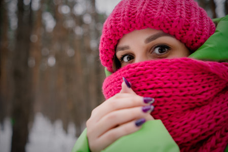 A beautiful woman in a green jacket and a pink hat and scarf is frozen and trying to keep warm standing in a winter forest.の写真素材