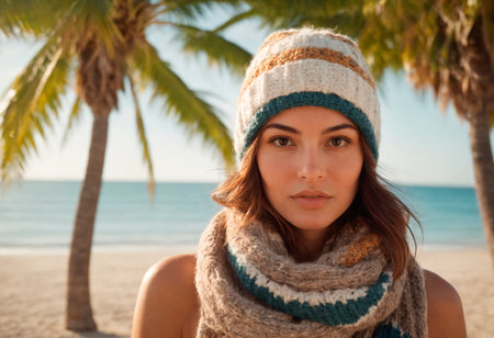 A beautiful woman in a warm hat and scarf on the beach on a hot day against the background of palm trees and the oceanの素材