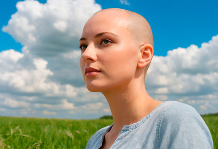 Closeup portrait of a young caucasian woman with bald head and blue sky backgroundの素材