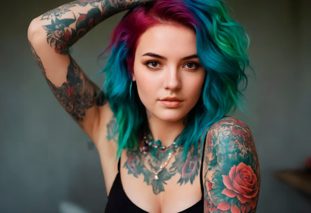Woman With Colorful Hair and Tattoos on Her Arms. She exudes confidence through her body art, showcasing a unique and expressive styleの素材
