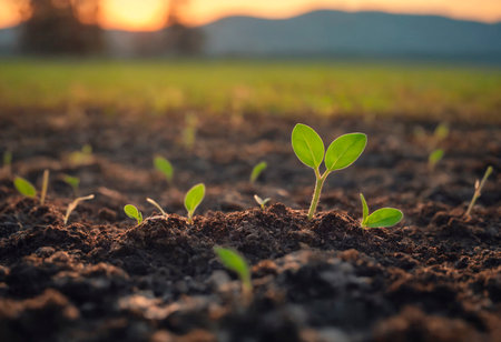 A small green plant is breaking through the soil, reaching towards the sunlight. The plant shows early signs of growth, with leaves forming and roots extending into the earthの素材