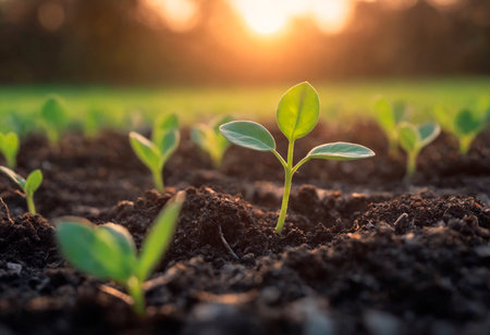 A small green plant is breaking through the soil, reaching towards the sunlight. The plant shows early signs of growth, with leaves forming and roots extending into the earthの素材