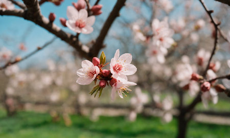 Close Up of a Flower on a Tree Branch. A detailed view of a flower blooming on a tree branch, showcasing vibrant colors and intricate details.の素材