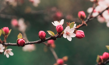 Close Up of a Flower on a Tree Branch. A detailed view of a flower blooming on a tree branch, showcasing vibrant colors and intricate details.の素材