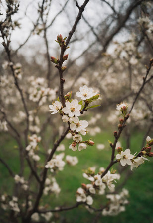 Close Up of a Flower on a Tree Branch. A detailed view of a flower blooming on a tree branch, showcasing vibrant colors and intricate details.の素材
