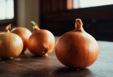 Onion on Wooden Table. Onion on Wooden Table. An onion sits prominently on top of a sturdy wooden table.の素材