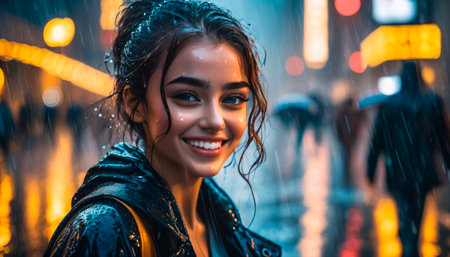 A woman smiling with rain drops on her faceの素材
