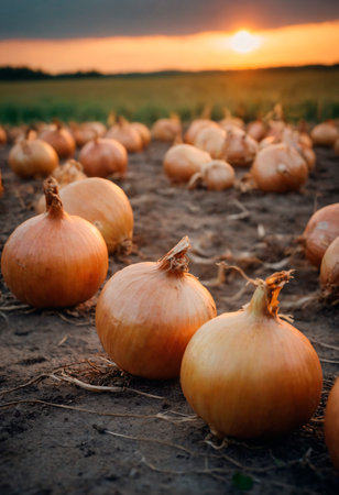 Group of Onions in Field.の素材