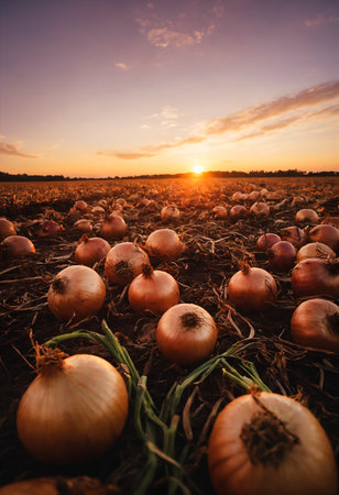 Group of Onions in Field.の素材