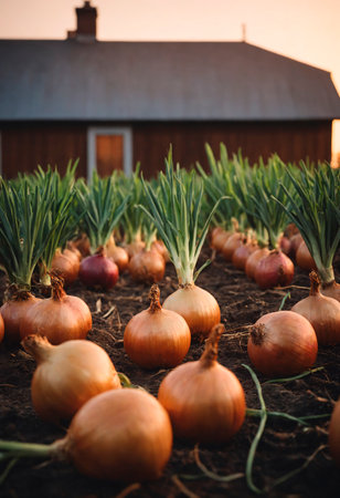 Group of Onions in Field.の素材