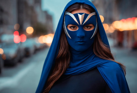 A determined superheroine stands poised in her vibrant blue outfit and maskの素材