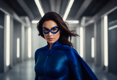 A determined superheroine stands poised in her vibrant blue outfit and maskの素材