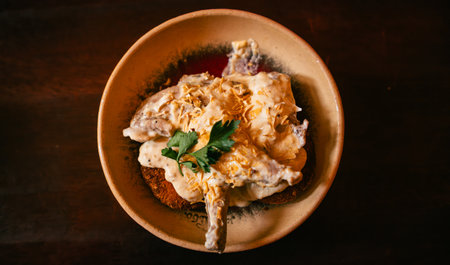 A succulent rabbit shoulder blade garnished with herbs and creamy sauce.