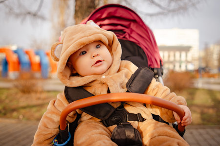 Child in Bear Costume Riding Stroller.の写真素材