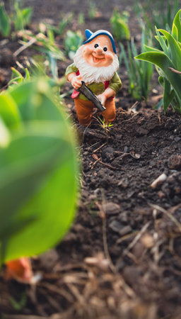A gnome figurine stands in the center of a blossoming garden, surrounded by colorful flowers and...