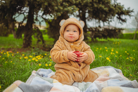 Cute baby girl in plush suit with red apple in hands sitting on blanket in green grassの写真素材