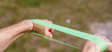 A professional sportsman is holding a Elastic band expander. He appears focused and determined as he...