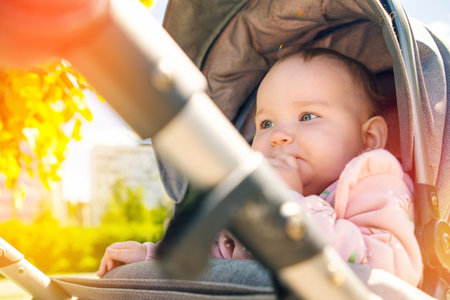 Baby Sitting in Stroller Outside. A baby is comfortably seated in a stroller outdoors. The infant appears content and is observing their surroundingsの写真素材