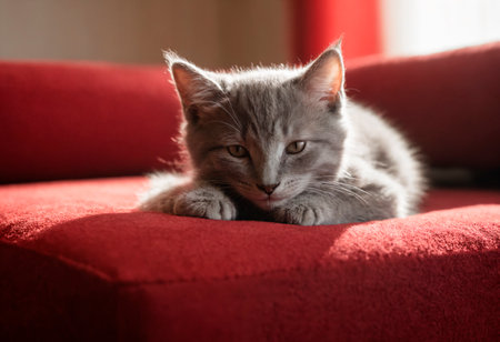 A Gray Kitten Relaxing On A Red Couch