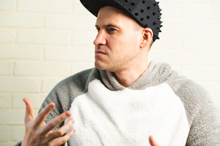 A man wearing a black cap and a gray sweater is captured in motion, dancing gracefully with fluid...