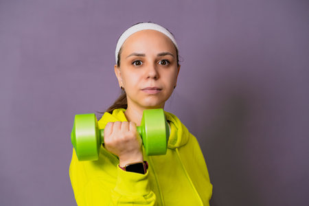 Woman in Yellow Hoodie Lifting dumbbell Against a Purple Wall