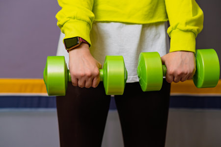 Woman in Yellow Hoodie Lifting dumbbell Against a Purple Wallの写真素材