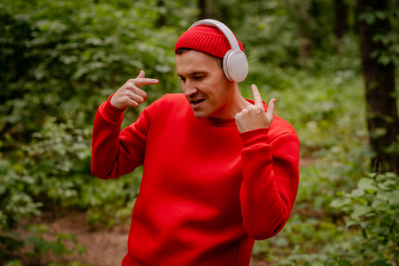 A man in a red sweater and a red beanie is dancing in a forest. He is wearing headphones and seems to be enjoying the music. The trees and greenery behind him create a beautiful and peaceful backdropの写真素材