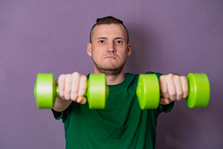 Man Lifting Green Dumbbells During Home Workout.の写真素材