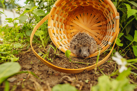 A Curious Hedgehog Peeking Out From Its Wicker Basket Home in the Garden.の写真素材