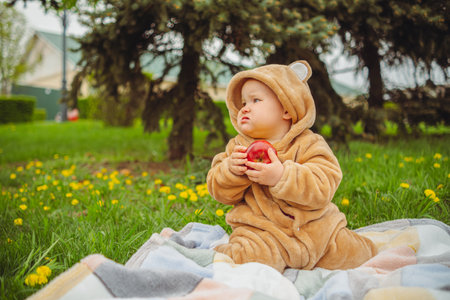 Cute baby girl in plush suit with red apple in hands sitting on blanket in green grassの写真素材