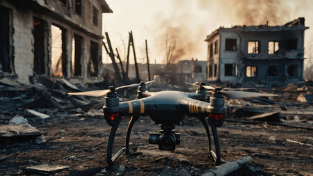 Destruction of Urban Landscape During Quadcopter Warfare in War-Torn City.の素材