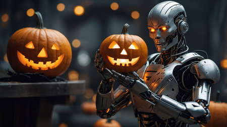 Robot Holding Carved Pumpkin in a Spooky Forest During Autumn Celebration Halloween.の素材