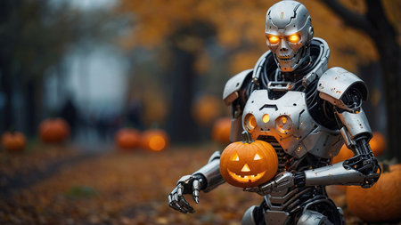 Robot Holding Carved Pumpkin in a Spooky Forest During Autumn Celebration Halloween.の素材