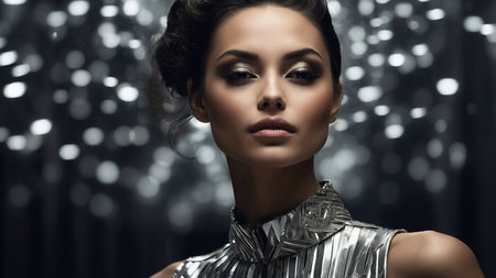 Elegant Model Posing in a Shimmering Silver Dress Against a Glitzy Backdrop at Night.の素材