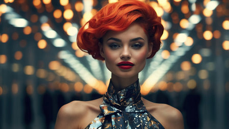 Elegant Model Posing in a Shimmering Silver Dress Against a Glitzy Backdrop at Night.の素材