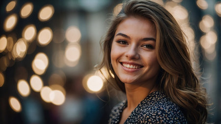 Elegant Young Woman Posing Against a Soft Golden Background at Evening Event.の素材