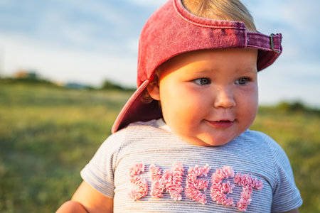 Adorable Young Child Wearing a Hat While Playing in a Sunny Field During Evening.