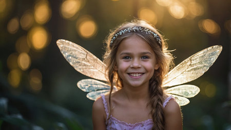 Enchanting Fairy Child Smiling in a Magical Forest During Golden Hour.の素材