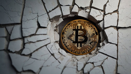 Bitcoin Emerging From A Cracked Wall Symbolizing Financial Breakthrough And Innovation In Digital Currency.の素材
