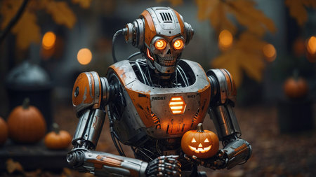 Robot Holding Carved Pumpkin in a Spooky Forest During Autumn Celebration Halloween.の素材